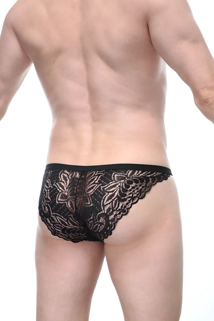 Black lace briefs with intricate floral patterns and scalloped edge from brief plaintel black collection