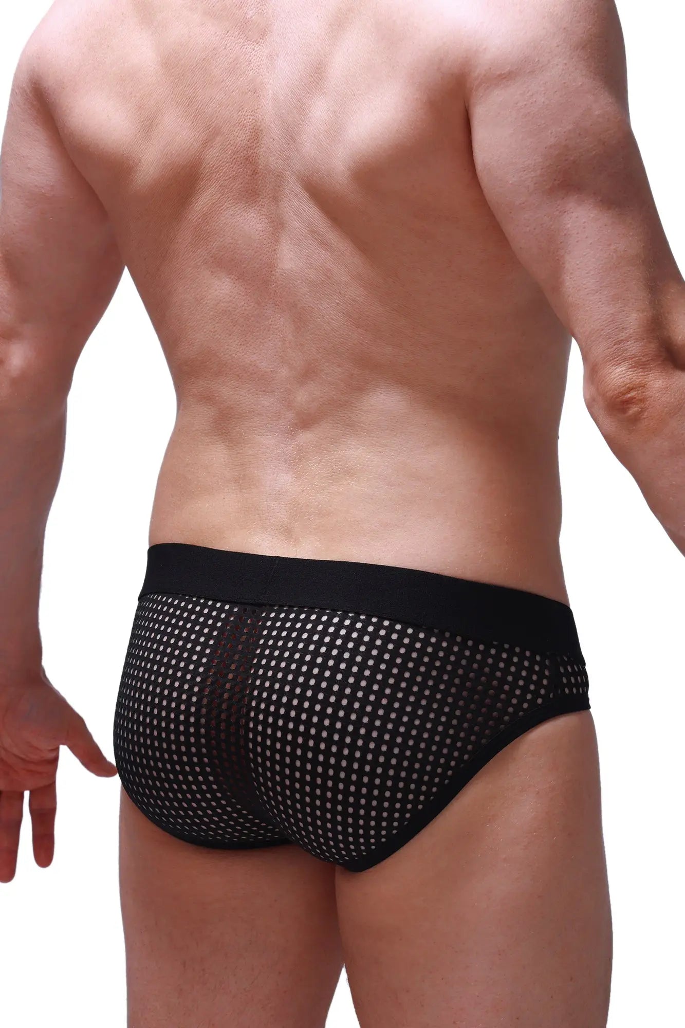 Brief Pluven Durtol black mesh briefs with solid black waistband and white dot pattern front view