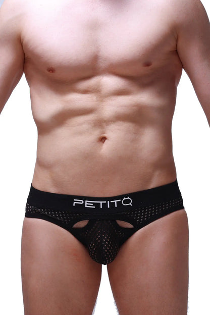 Black mesh briefs pluven durtol with white petitq logo on waistband providing breathable comfort