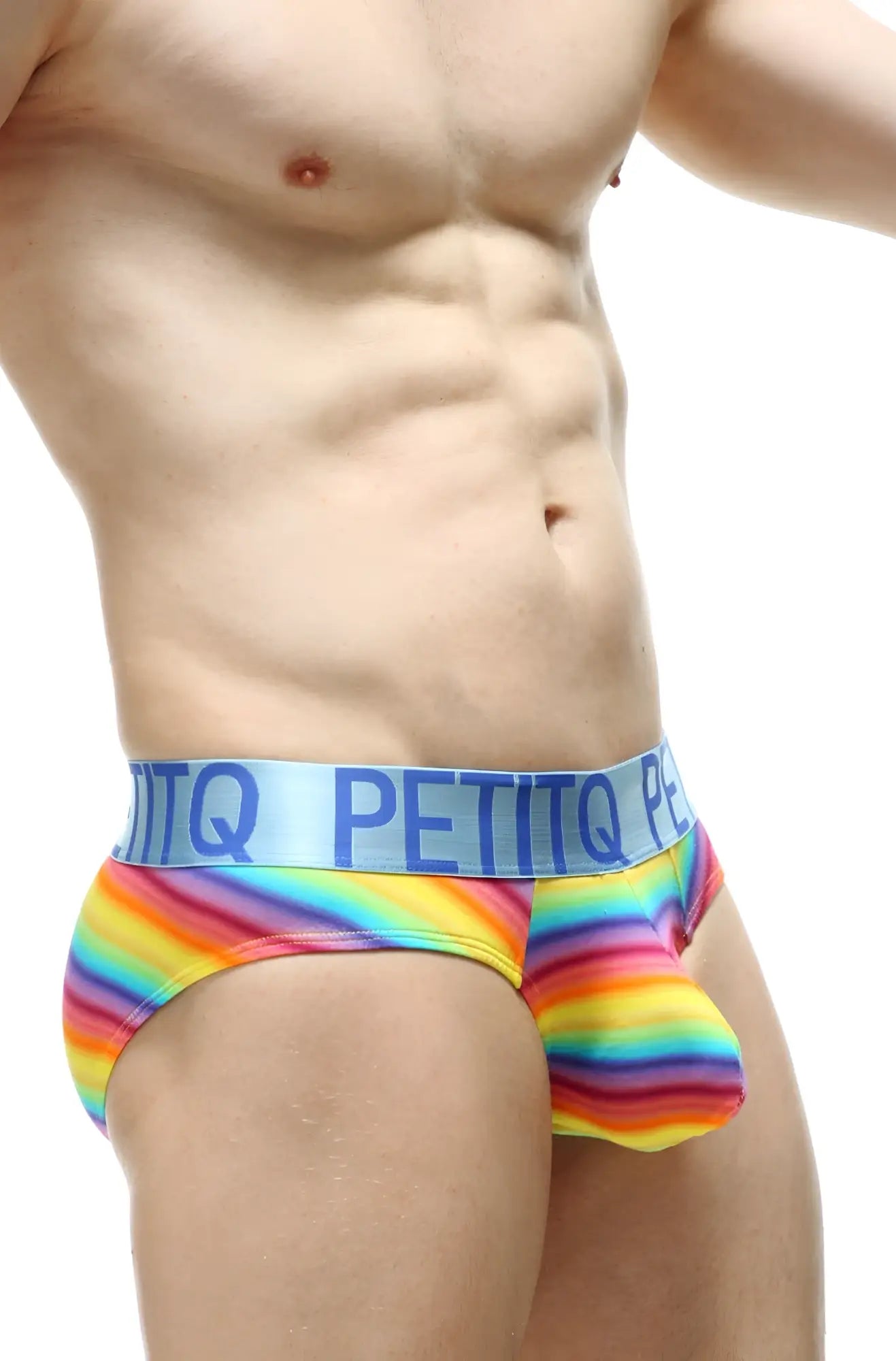 Brief protruder Andiol rainbow-striped men’s briefs with a light blue petitq waistband in bold navy lettering