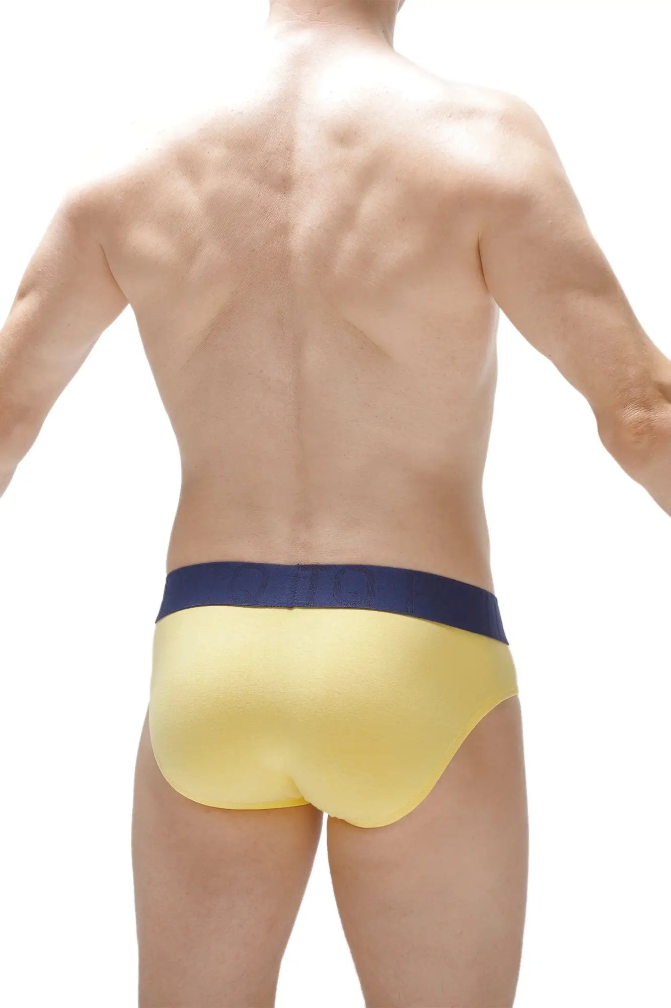 Yellow bamboo briefs protruder with a navy blue waistband showing front side design and comfortable fit
