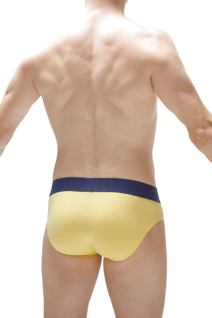 Yellow bamboo briefs protruder with a navy blue waistband showing front side design and comfortable fit
