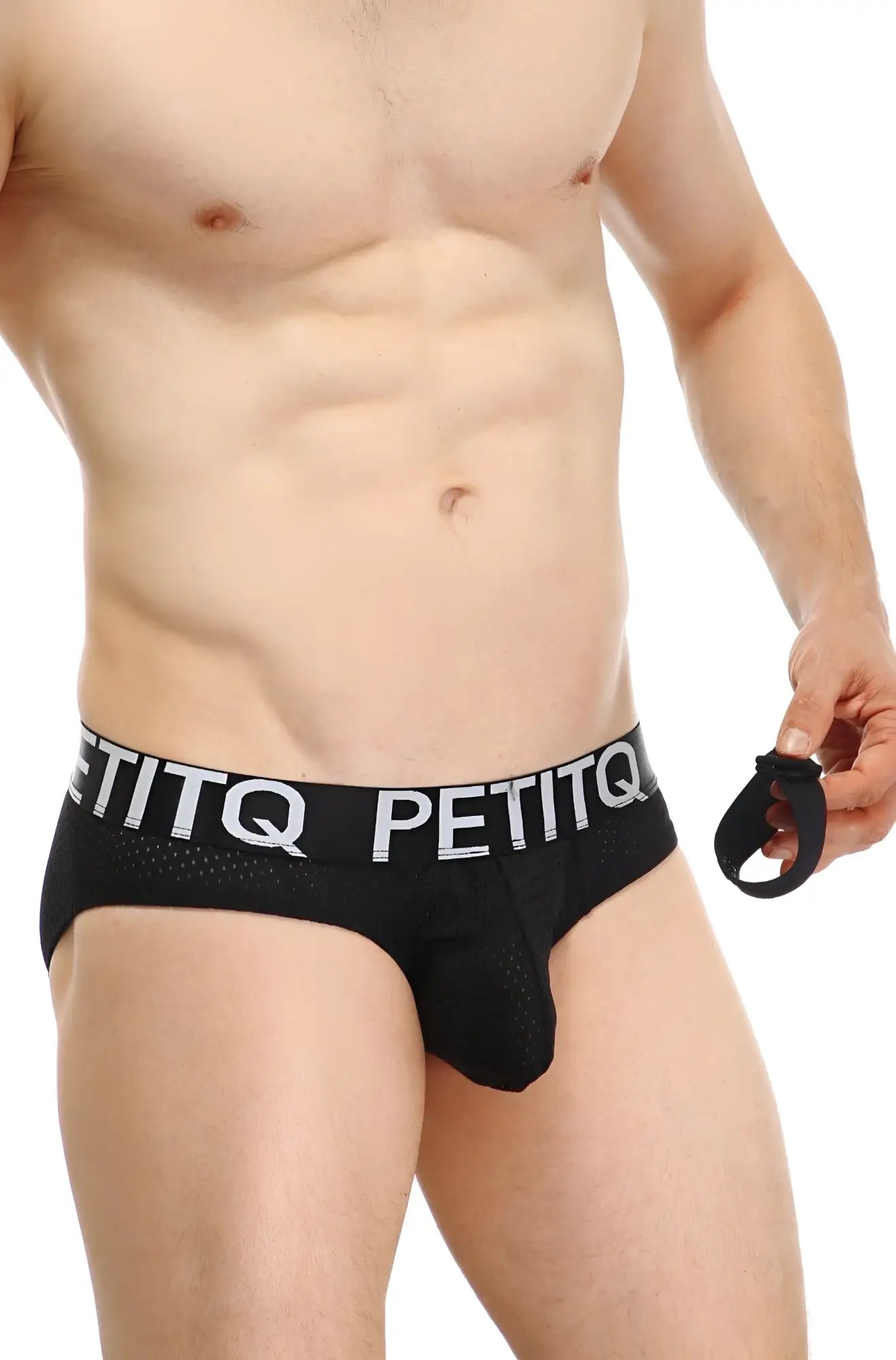 Black petitq men’s briefs with mesh texture and white logo band from brief protruder detachable bee black collection