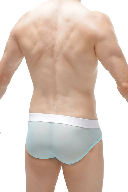 Light blue seamless briefs with white elastic waistband featuring detachable teal net for enhanced comfort and style