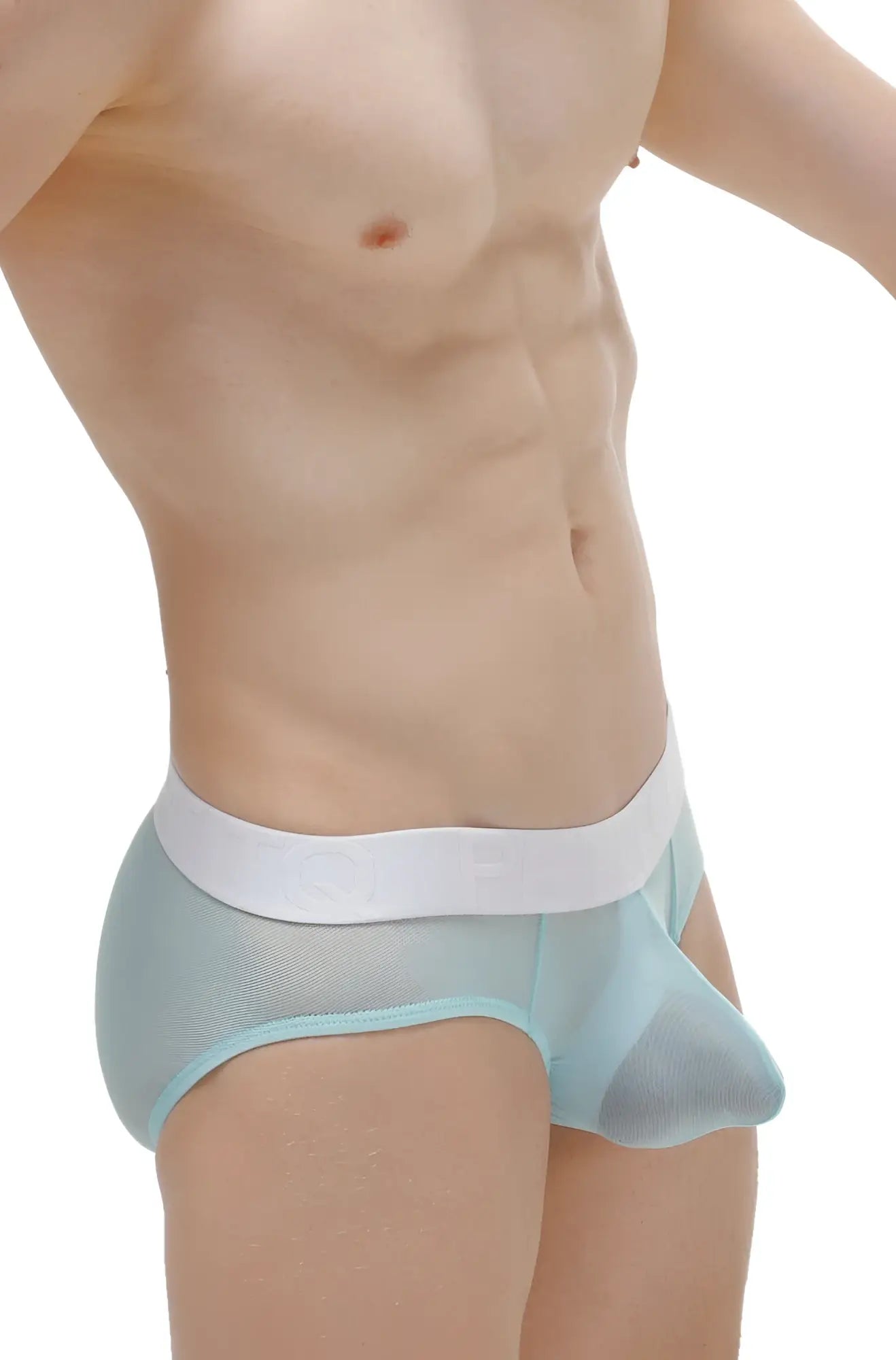 Light blue sheer mesh briefs with a white elastic waistband from the brief protruder detachable net teal collection