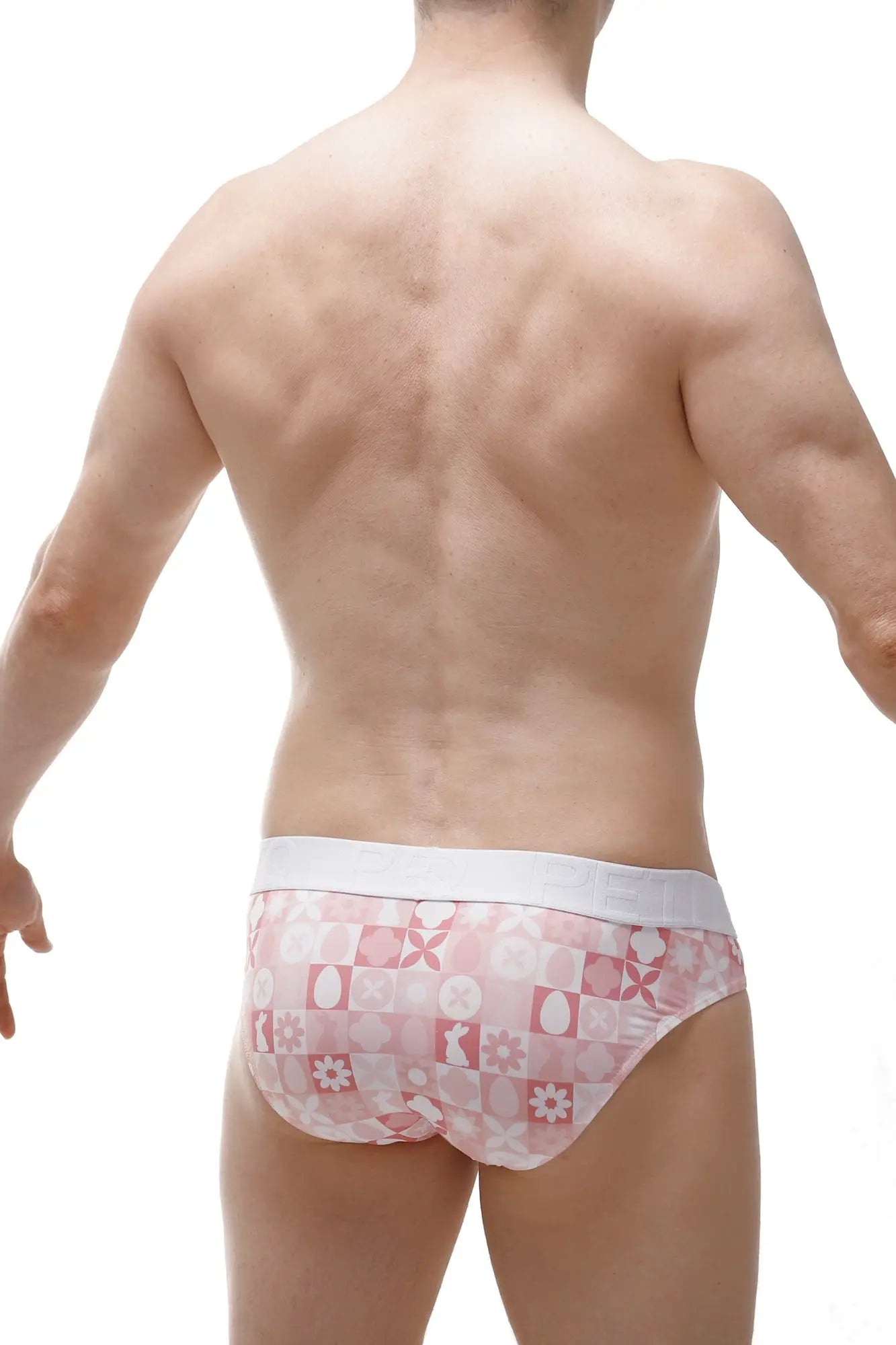 Brief protruder pink bunny men’s briefs in pink and white geometric patterned fabric with comfortable fit