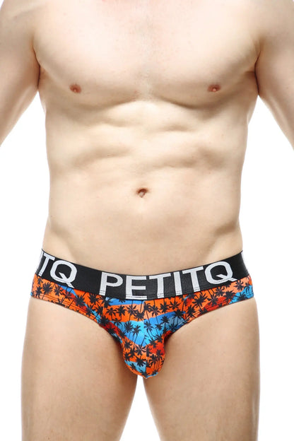 Vibrant tropical print briefs in orange blue and black with bold petitq logo on waistband brief protruder tema e