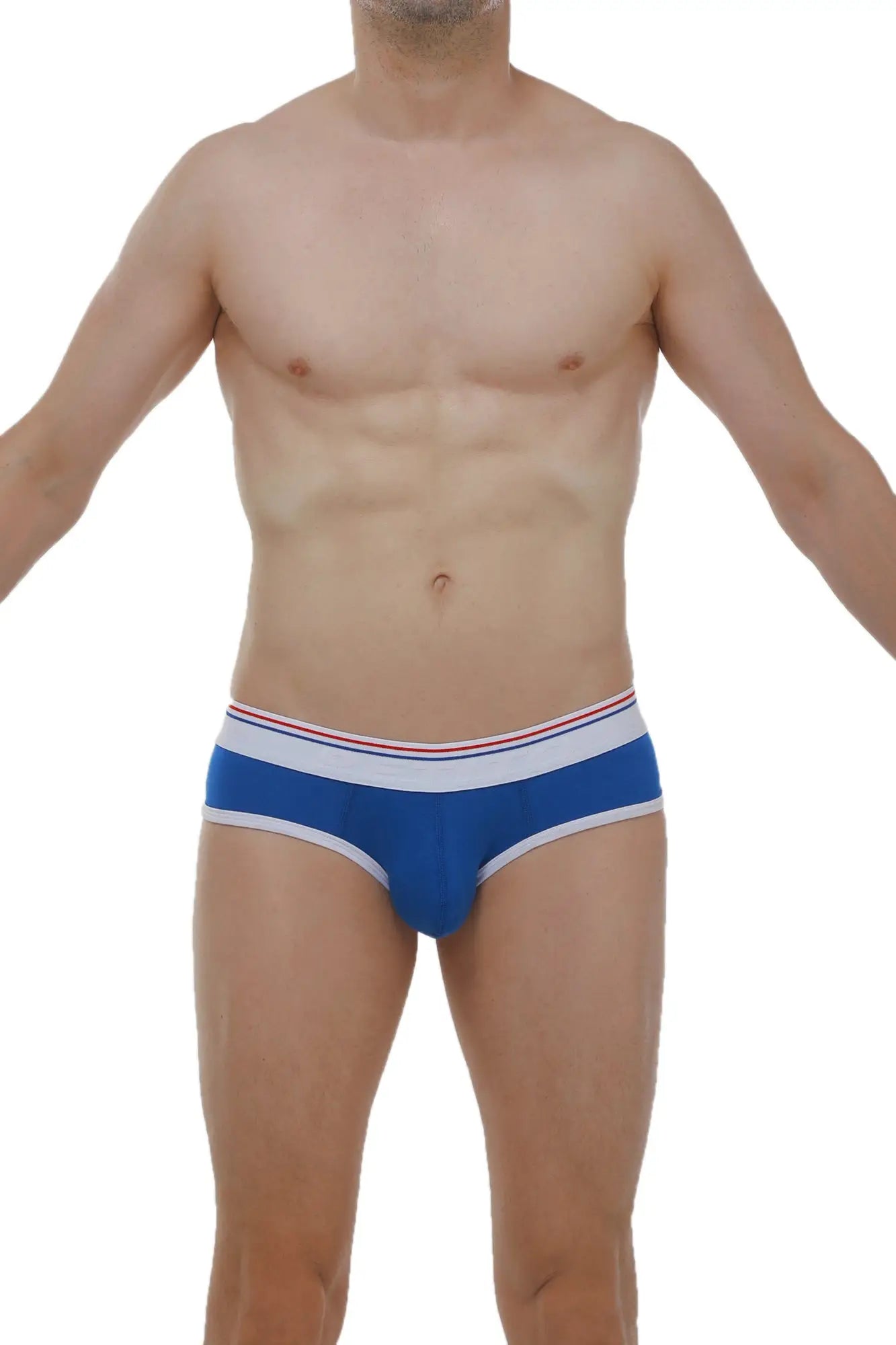 Blue men’s briefs with a white and red striped waistband made of soft modal fabric for comfortable everyday wear