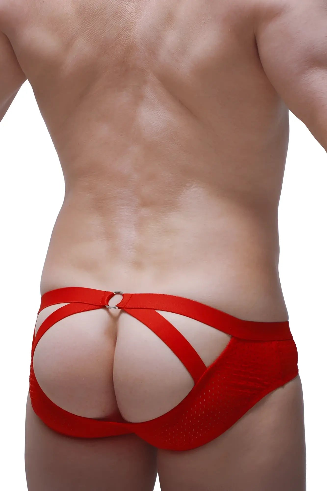 Back view of brief scaux bee red red mesh briefs with bold strappy design and central metal ring