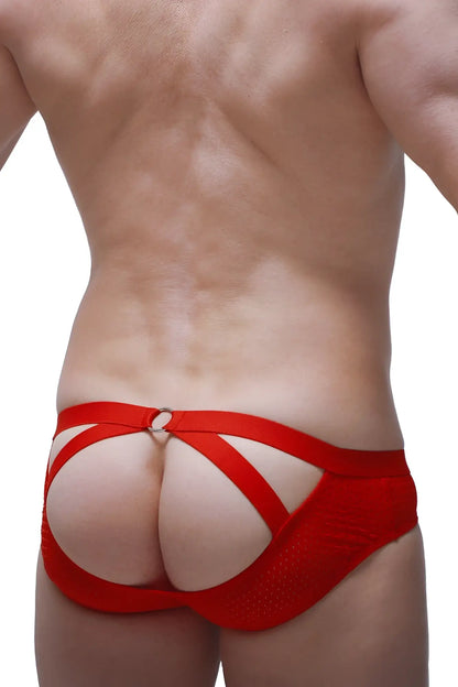 Back view of brief scaux bee red red mesh briefs with bold strappy design and central metal ring