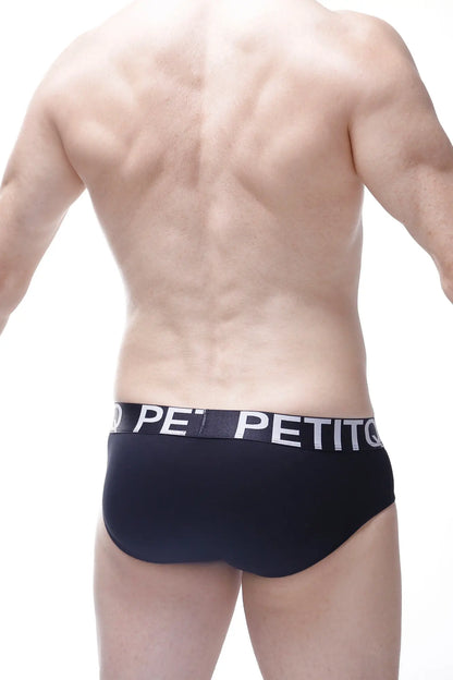 Black men’s briefs with a white petit logo band in brief stars rainbow design made of soft cotton material