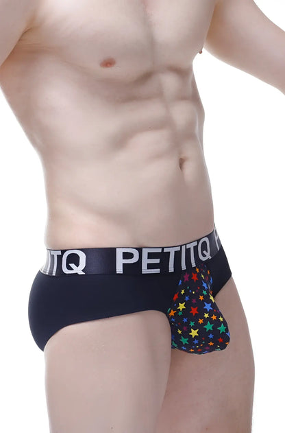Black petitq briefs with a colorful star pattern on the pouch from brief stars rainbow collection
