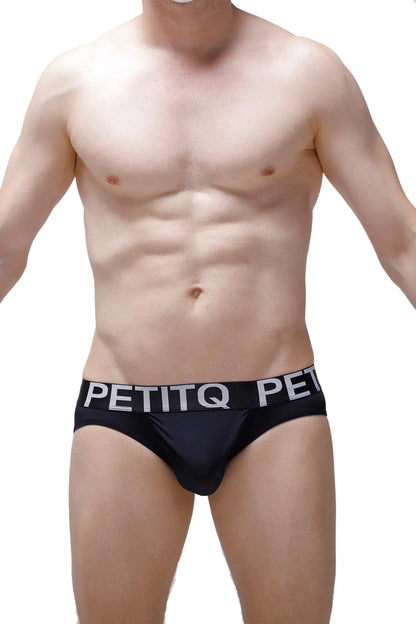 Black petitq men’s briefs with a white logo band made from econyl fabric for comfortable and sustainable wear