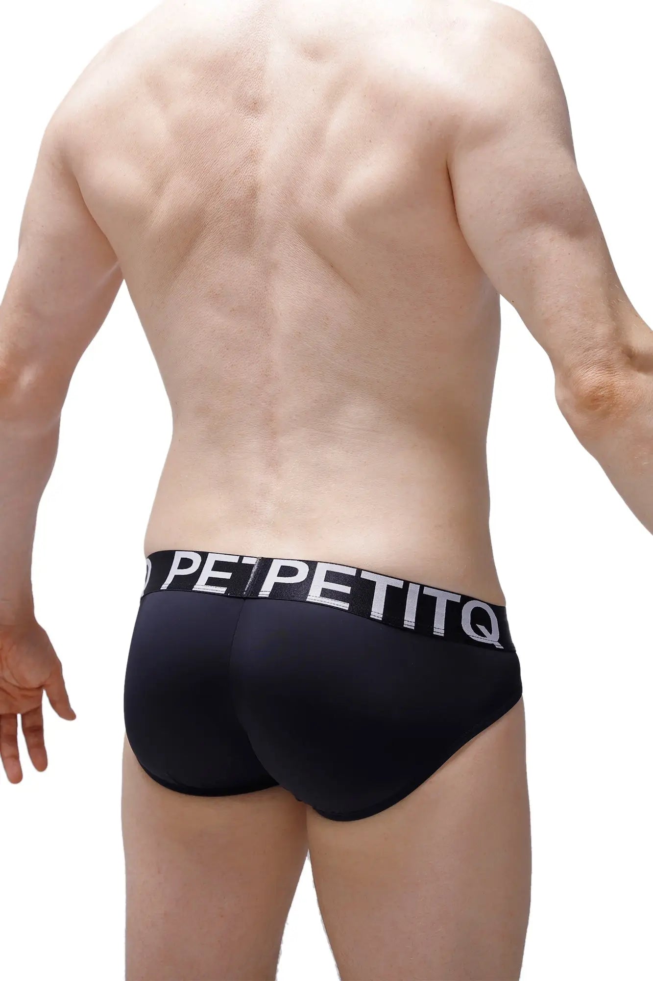 Black petitq briefs with a white logo band made from Econyl featuring sustainable fabric for comfortable wear