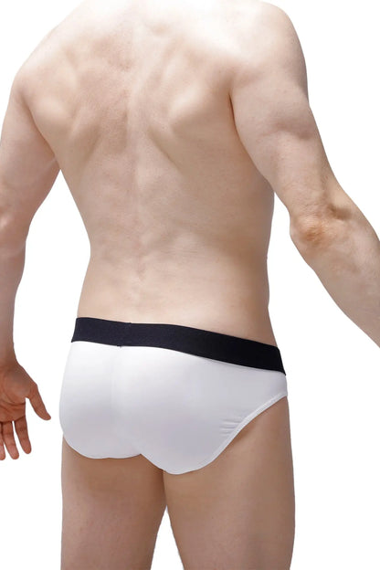 White briefs with a black waistband made from econyl eco-friendly material in the brief taik econyl white product line