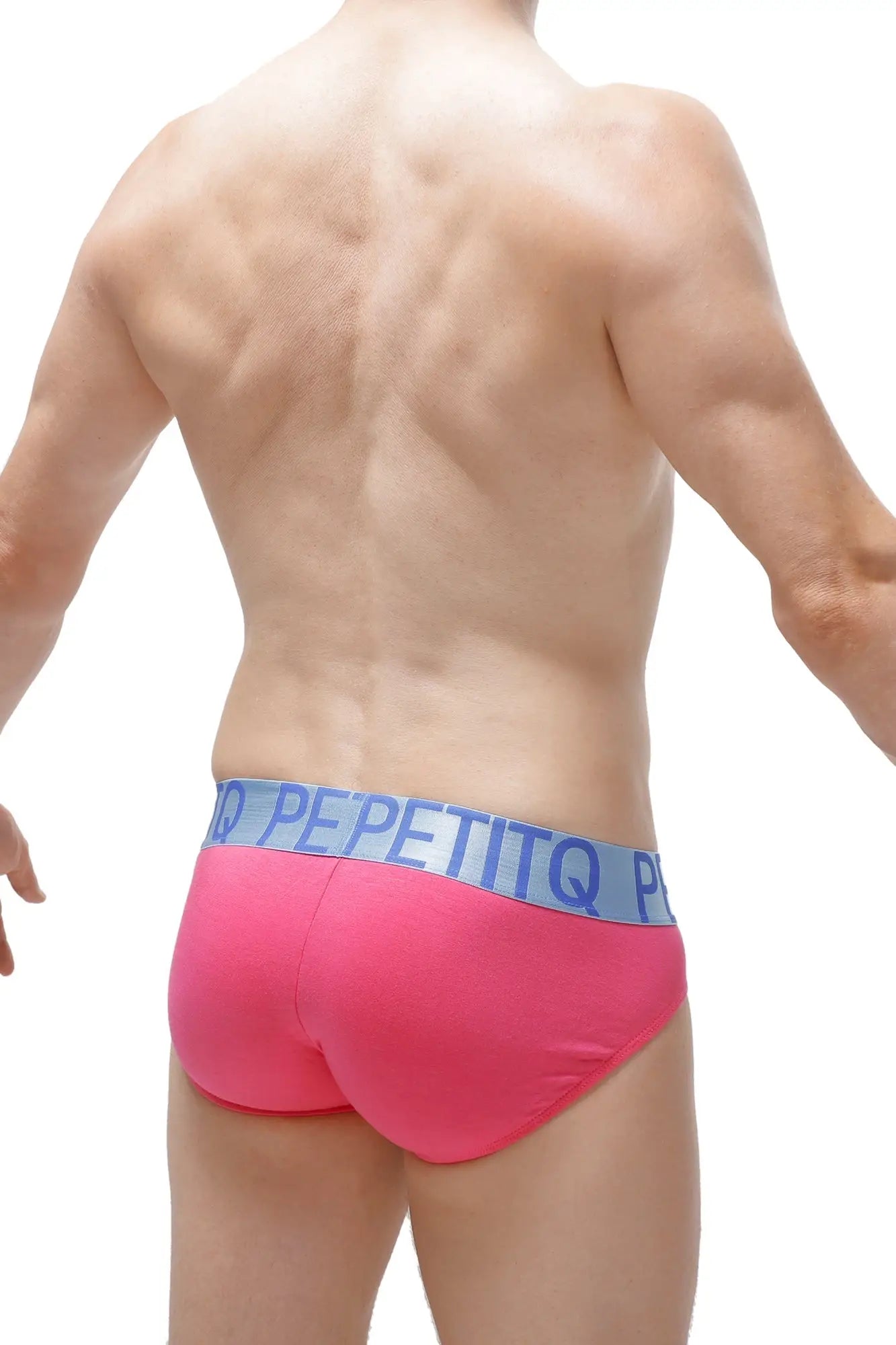 Brief taik modal fuchsia bright pink men’s briefs with light blue pepetitq waistband in white lettering