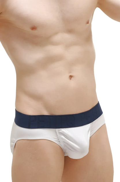 White briefs with navy blue elastic waistband made from modal fabric in the front view for comfortable everyday wear