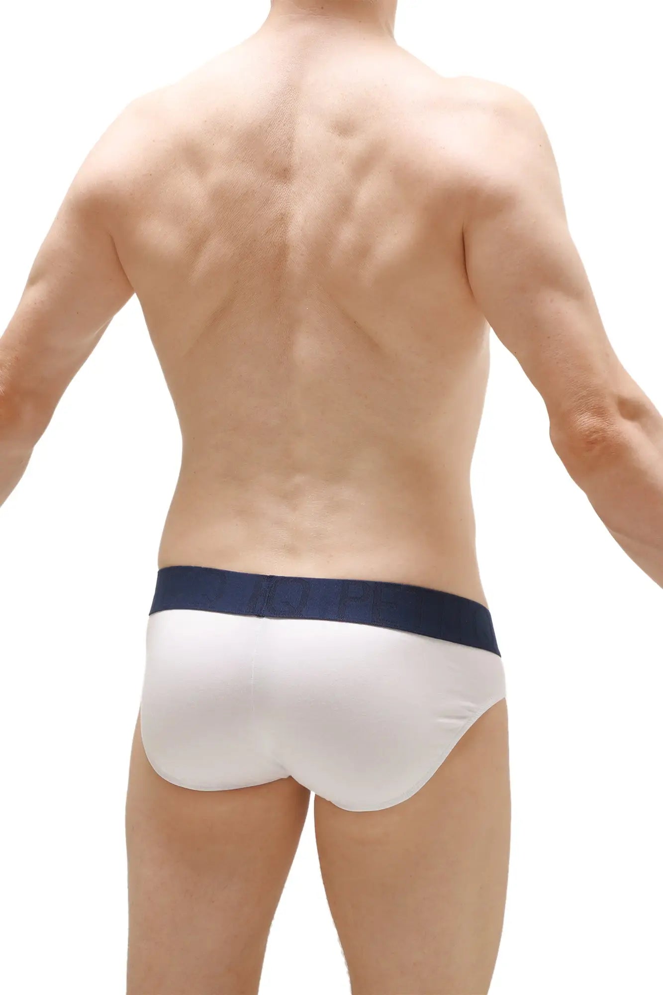 White briefs with a navy blue waistband made from taik modal fabric for comfortable everyday wear