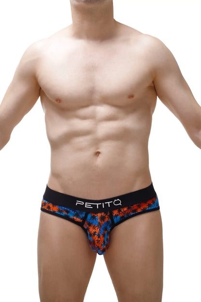 Men’s tropical palm tree patterned briefs brief temae in vibrant orange and blue with black petitq waistband