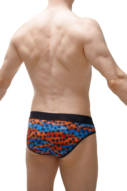 Brief temae vibrant orange and blue striped swim trunks with black palm tree pattern and elastic waistband