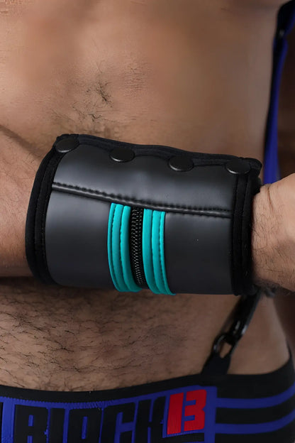 Black leather buckle up cuff wristband with teal zipper accents and button closures available in 5 colors
