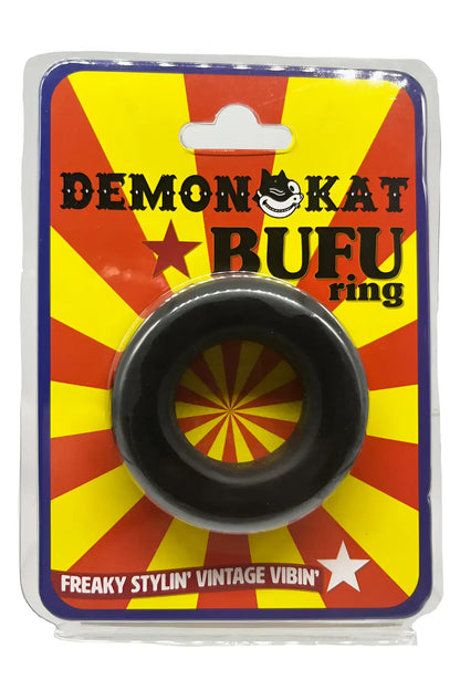 Black silicone BUFU ring displayed in colorful demon kat bufu branded packaging for everyday wear