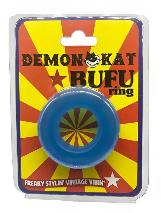 Blue plastic bufu ring with colorful radial pattern inside on vibrant red and yellow cardboard packaging