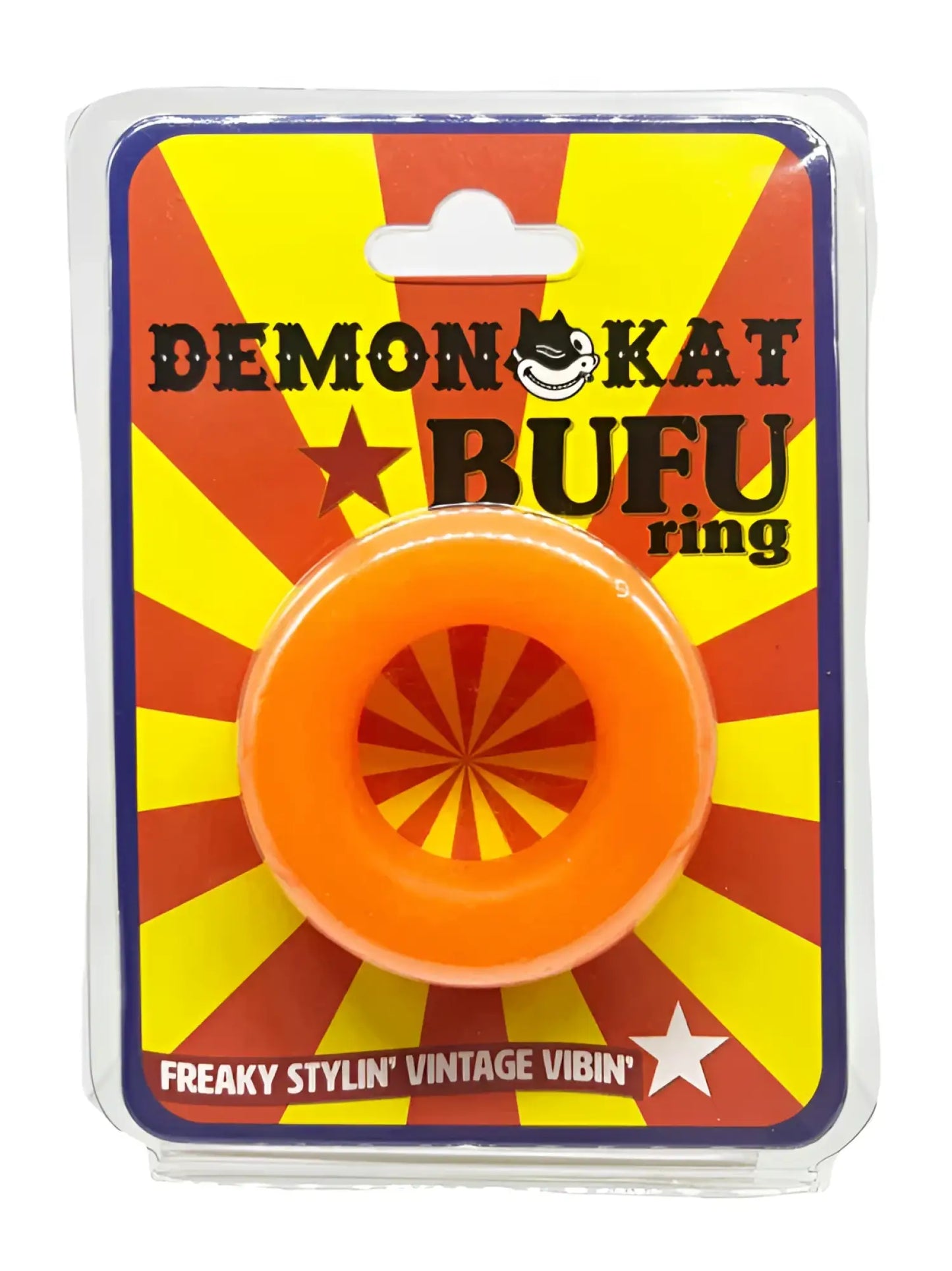 Bright orange translucent plastic bufu ring with a radial pattern on the inside for stylish wear