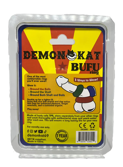 Demon kat bufu ring playful novelty sex toy in red body-safe tpr with cartoon demon design and three wearing options