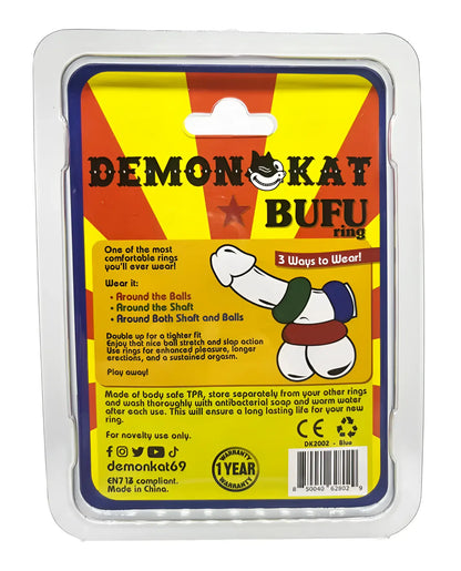 Demonkat bufu ring tpr sex toy with colorful cartoon packaging and three versatile wearing options