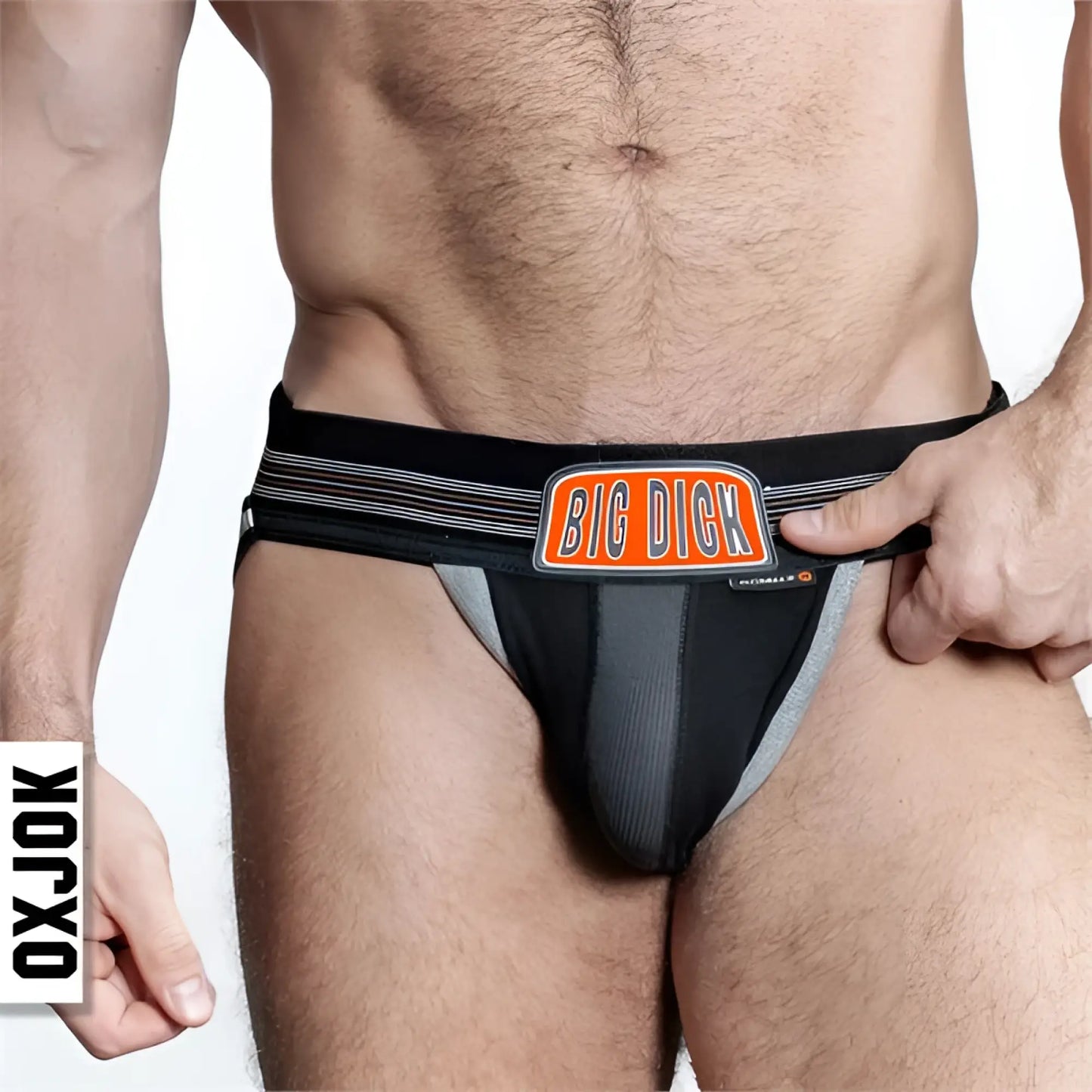 Bulger jockstrap black and gray athletic briefs with orange big dick logo and subtle side stripes