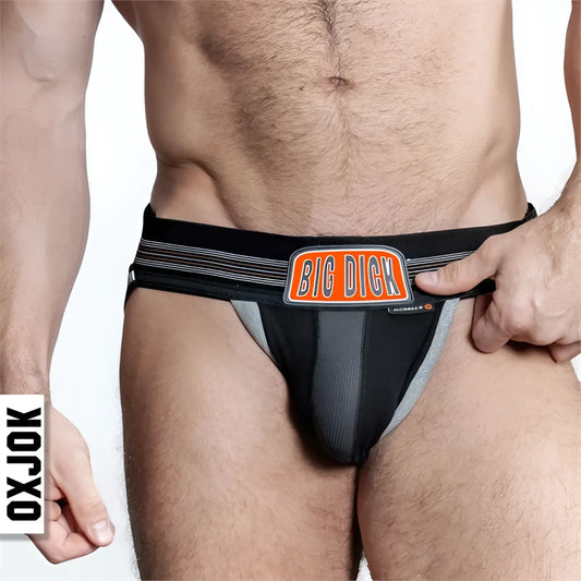 Bulger jockstrap black and gray athletic briefs with orange big dick logo and subtle side stripes