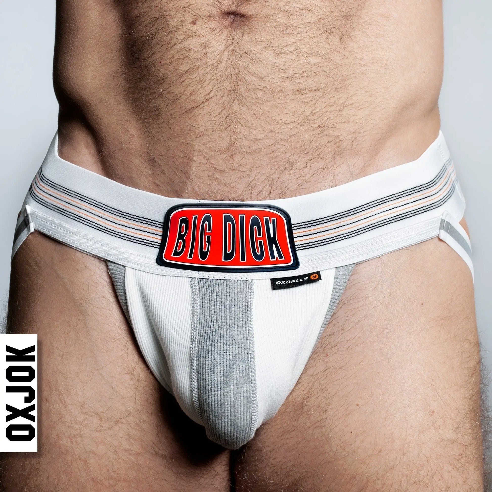 Bulger jockstrap white and gray athletic brief with bold red big dick logo patch on the front