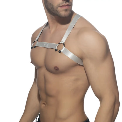Silver metallic bull ring harness with adjustable straps and black spherical hardware for secure fit