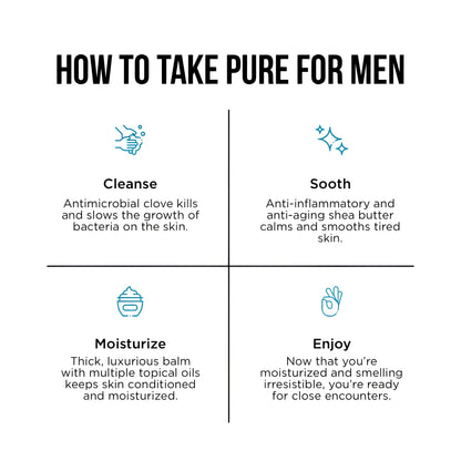 The back side of bum balm product showing a skincare guide for men with cleanse soothe moisturize and enjoy steps