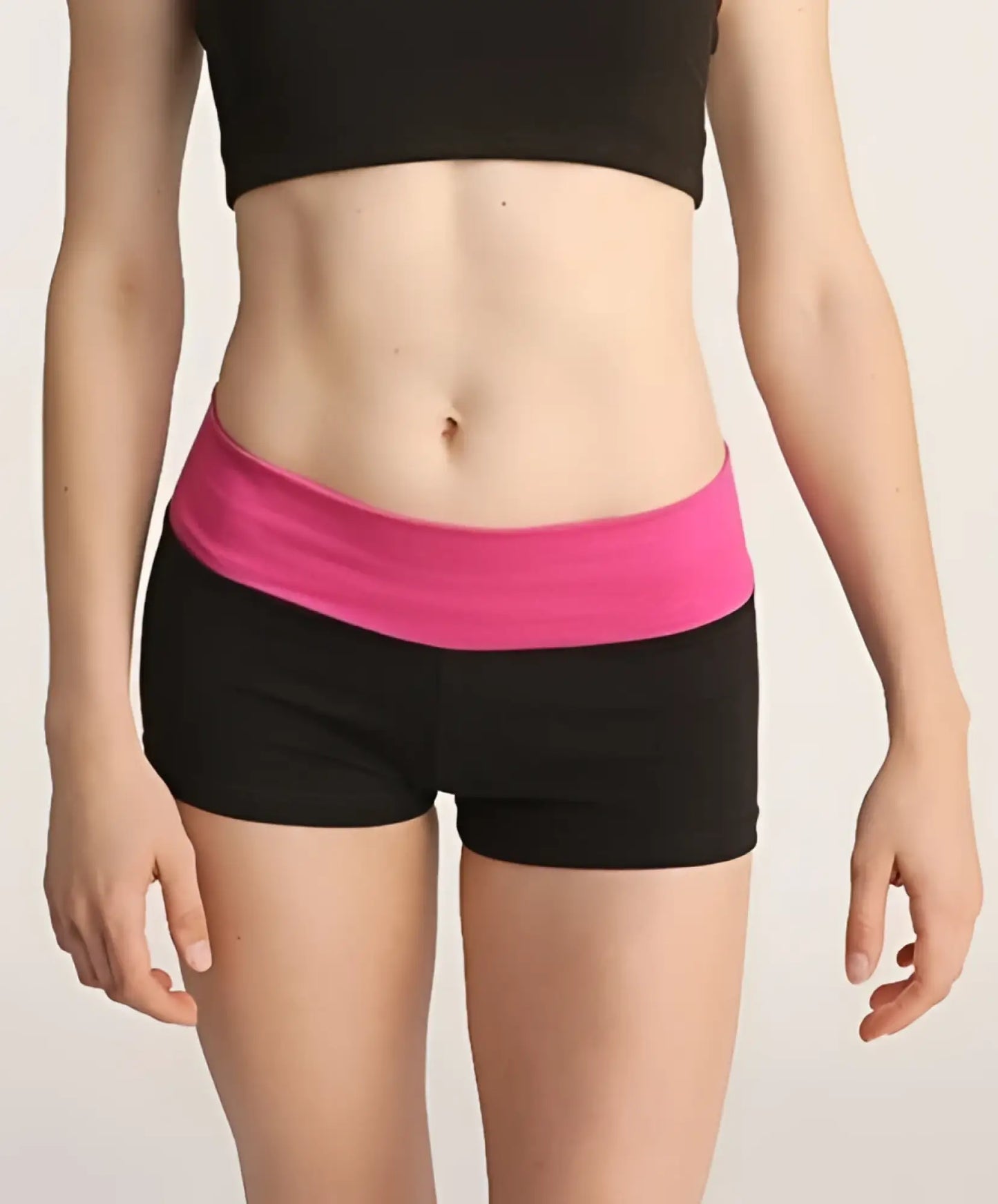 Black athletic bumble shorts with a vibrant pink elastic waistband designed for comfort and active wear