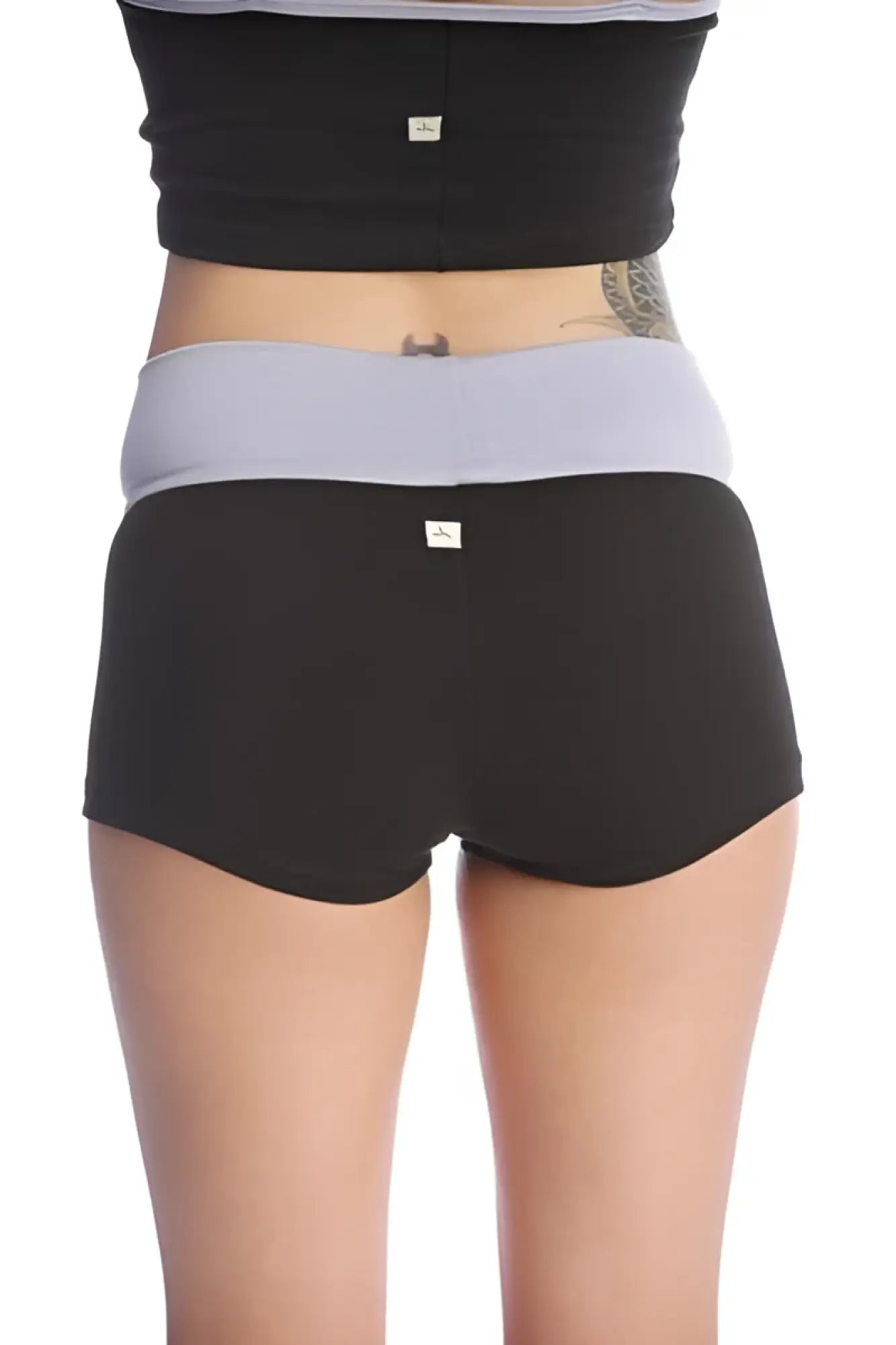 Bumble short black and light gray two-tone snug fit shorts with elastic waistband and brand tag at the back