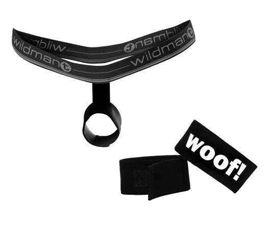 Black wildman brand dog leash with woof patch included in bundle with ball lifter protruder and woof ring