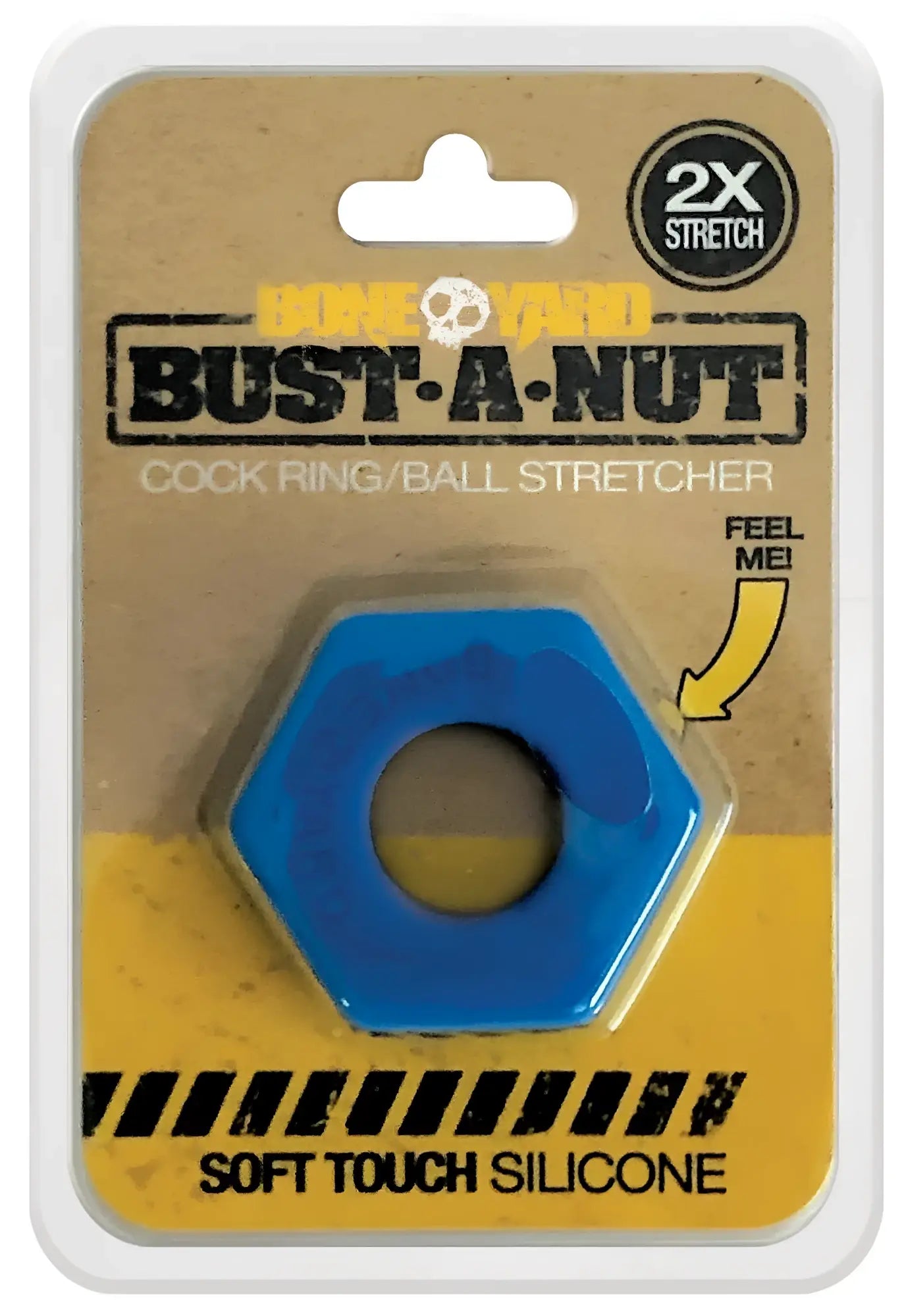 Blue hexagonal silicone cock ring bust a nut with central hole and textured surface for enhanced grip