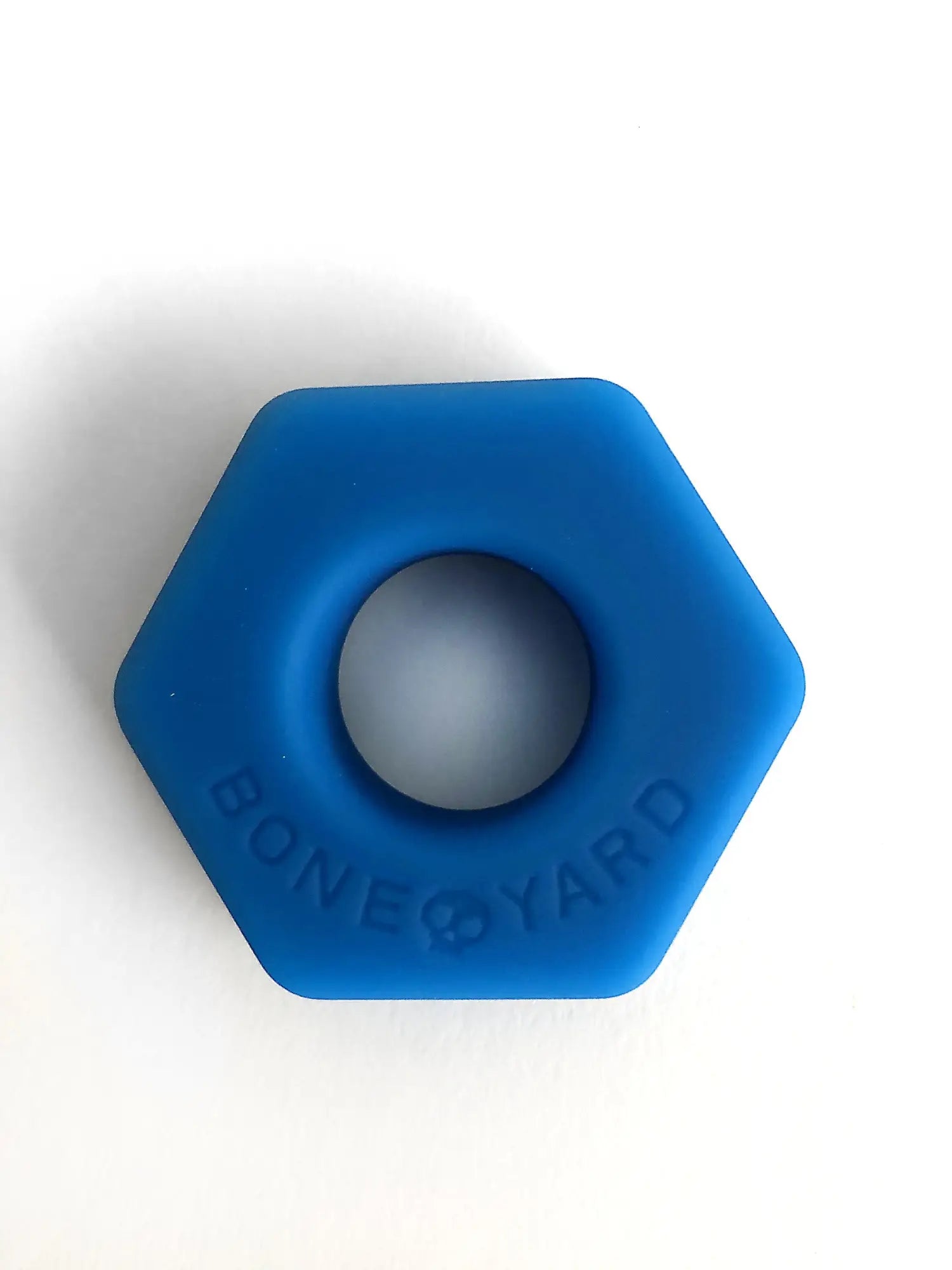 Blue hexagonal silicone ring with bone yard engraving from bust a nut collection