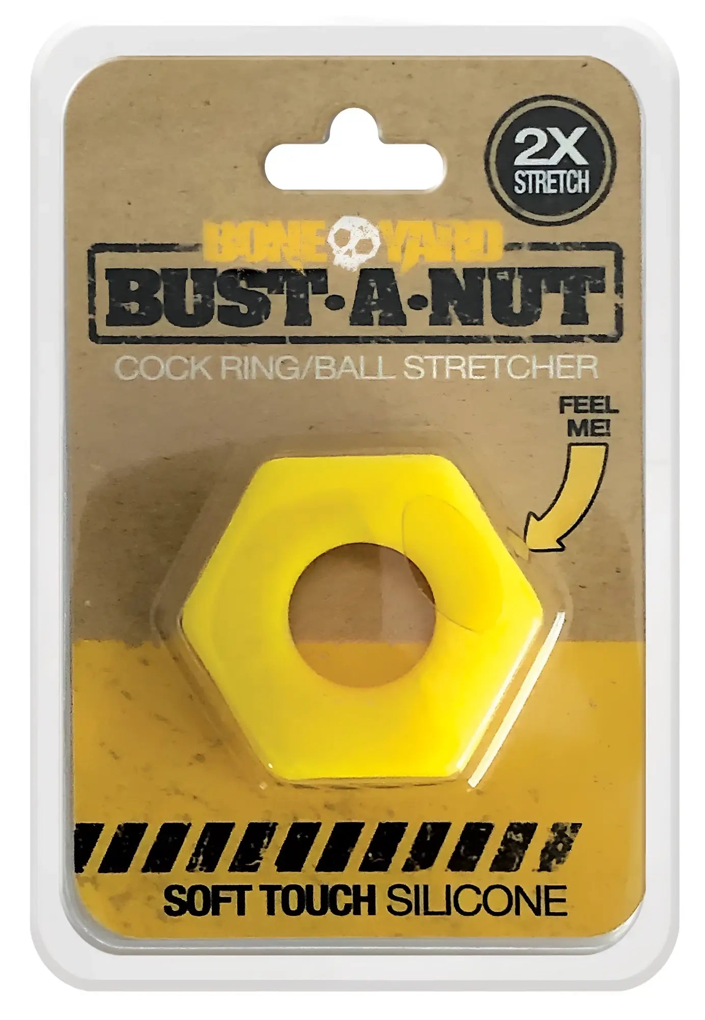 Bright yellow hexagonal silicone ring with central hole packaged in cardboard and plastic for bust a nut product