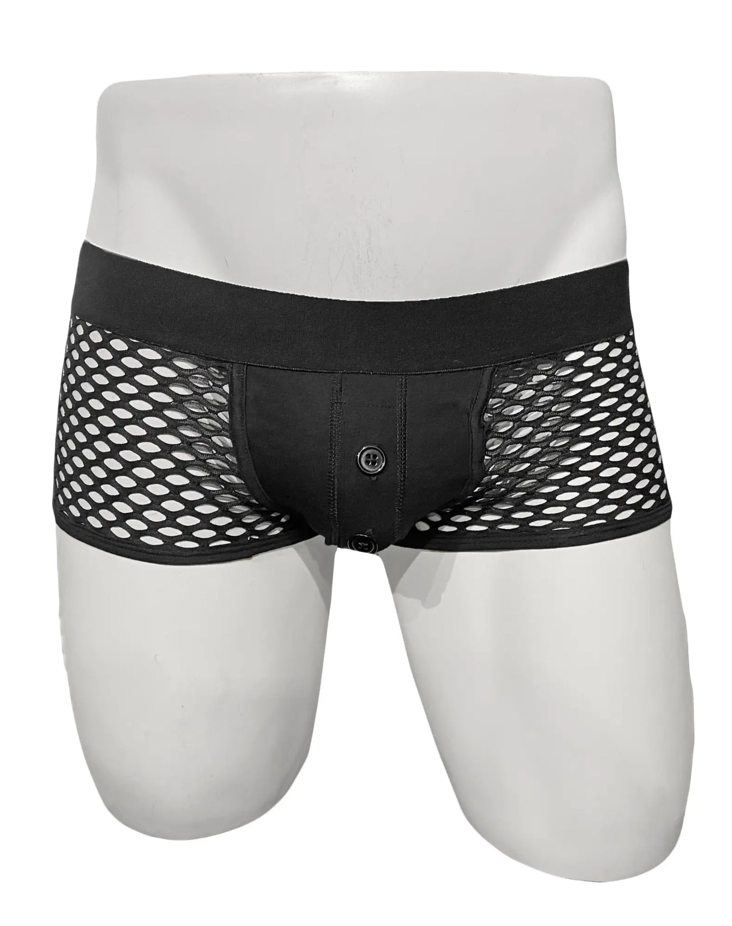 Black mesh briefs with solid black waistband and front button closure from the button fly fishnet trunk collection