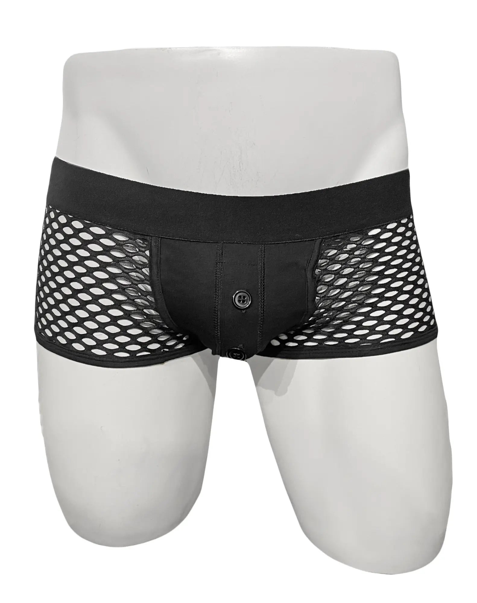 Black mesh briefs with solid black waistband and front button closure from the button fly fishnet trunk collection
