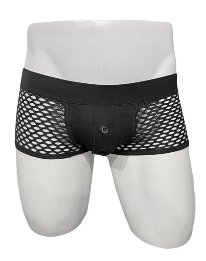 Black mesh briefs with solid black waistband and front button closure from the button fly fishnet trunk collection