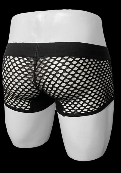 Black mesh briefs with a solid black waistband from the button fly fishnet trunk collection