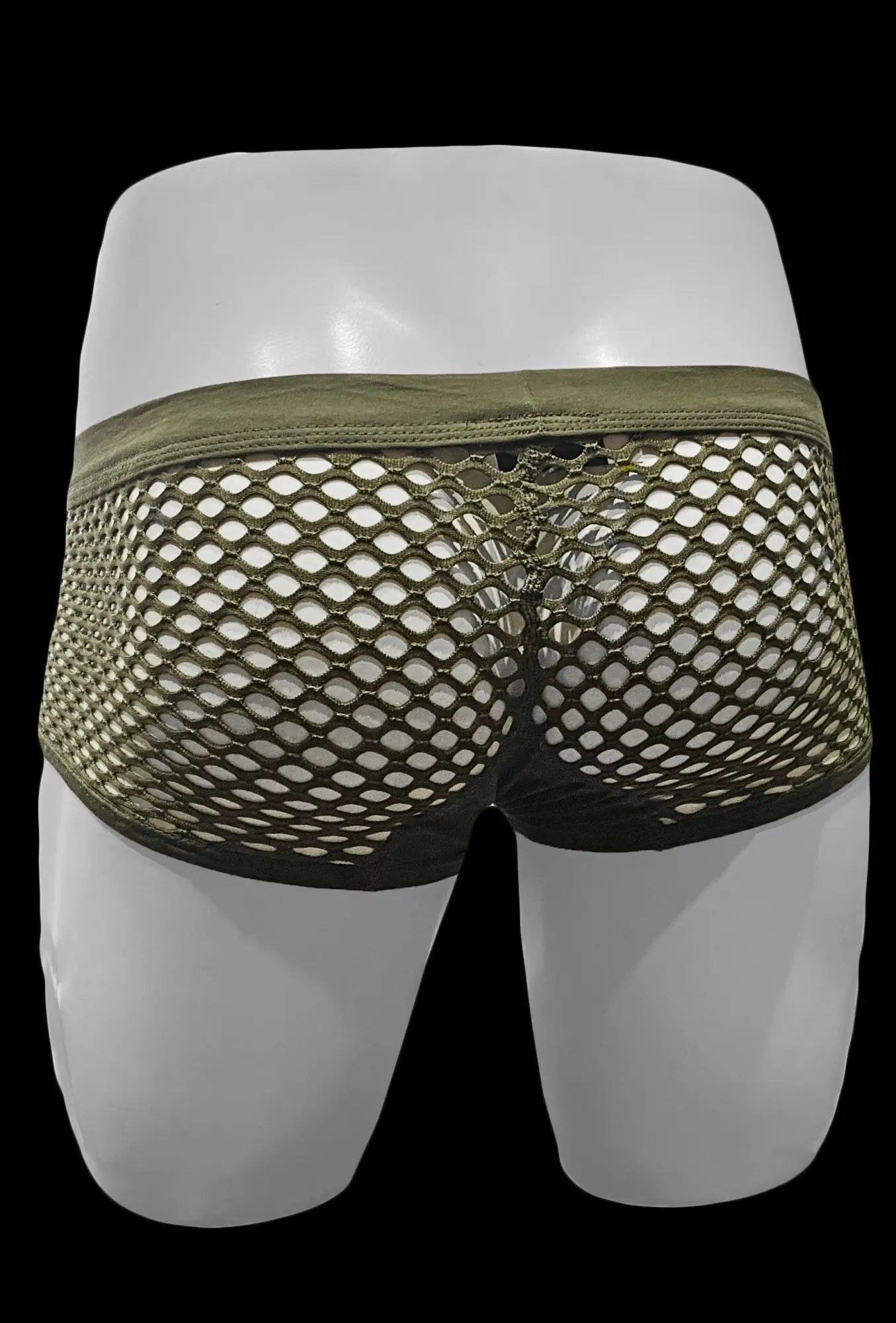Olive green button fly fishnet trunk briefs with mesh fabric and solid elastic waistband front view