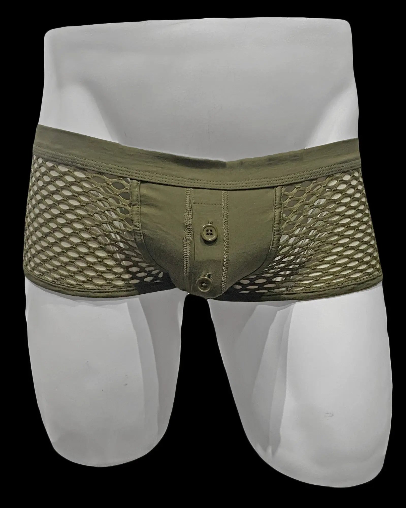 Olive green button fly fishnet trunk briefs with mesh sides solid front panel and two button closures