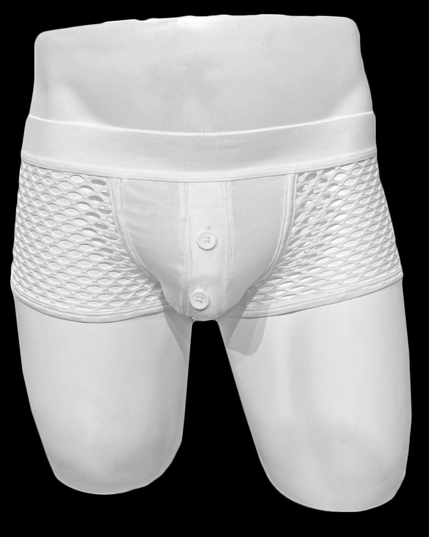 White mesh briefs button fly fishnet trunk with button-front design and elastic waistband for comfortable fit