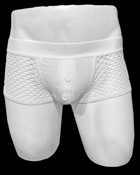 White mesh briefs button fly fishnet trunk with button-front design and elastic waistband for comfortable fit
