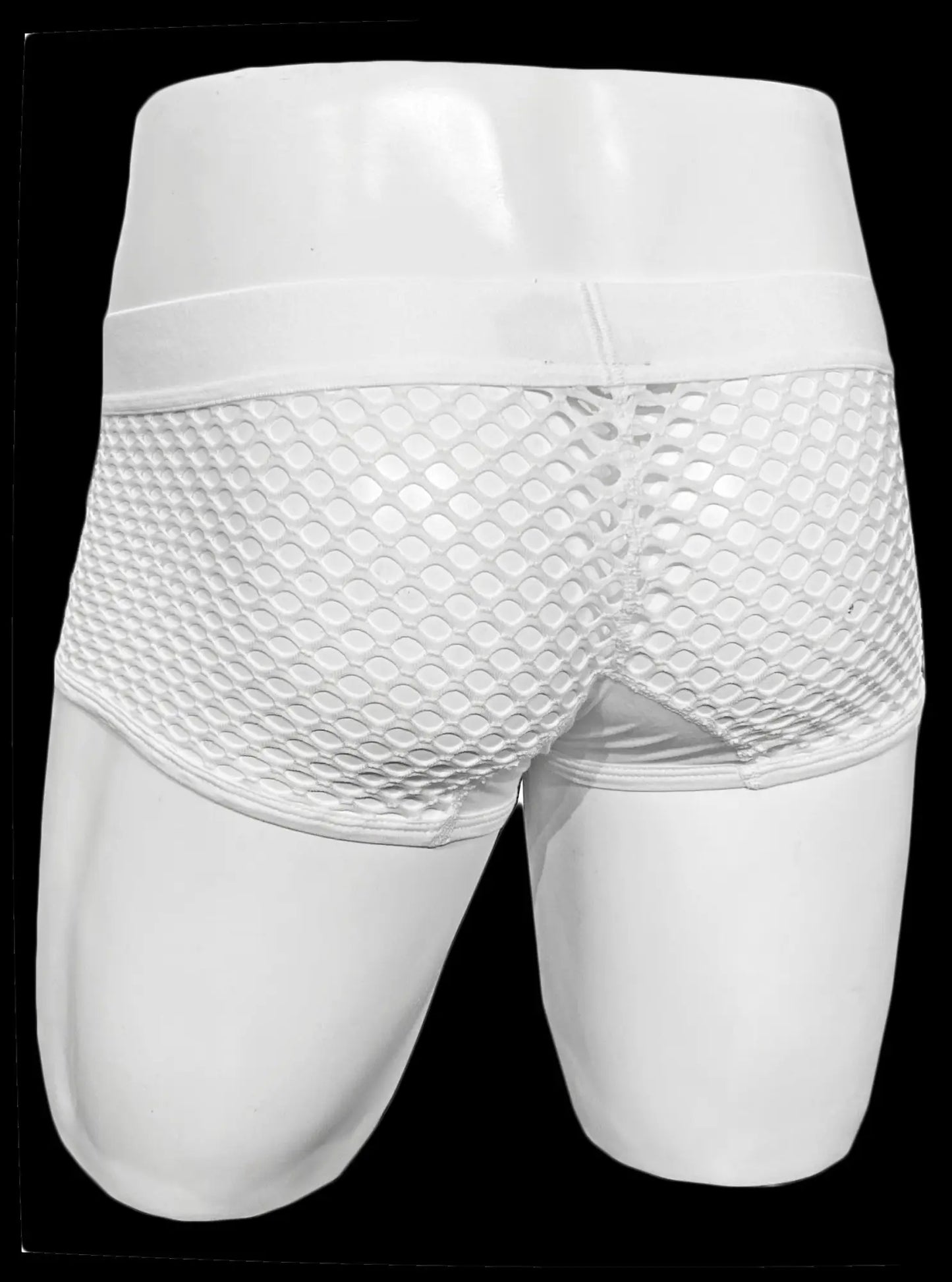 White button fly fishnet trunk briefs featuring white mesh fabric and a smooth elastic waistband